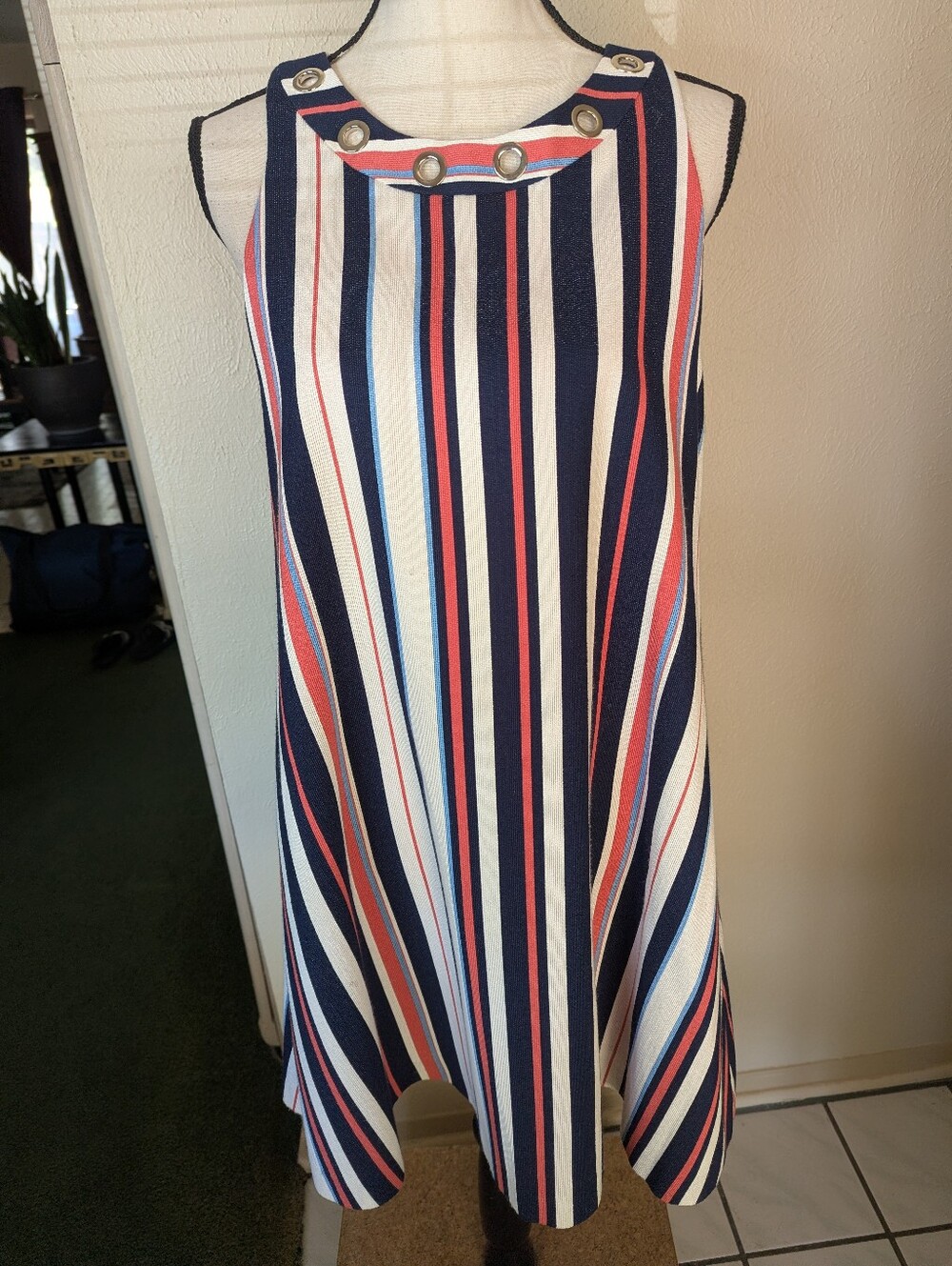 Badley Mischka Belle Nautical Striped Navy, White & Coral Shift Dress.